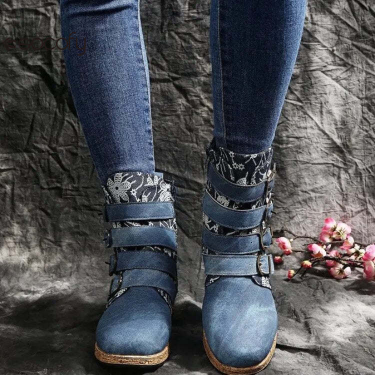 Socofy Women boots Leather Female Retro Printed Metal Buckle Soft Leather Zipper Ankle Boots