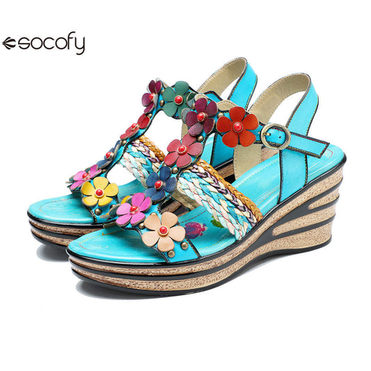 Socofy summer genuine leather bohemian style comfortable wedge sandals for women 1000