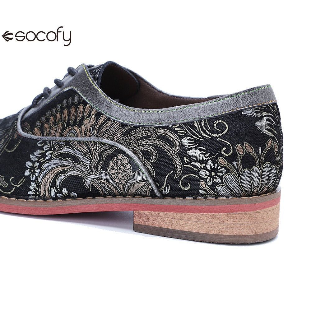 Socofy Handmade Leather Vintage Lace-Up Flats Loafers Shoes