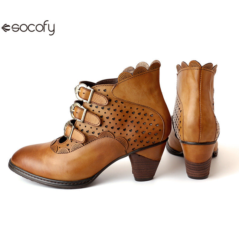 Socofy Vicconfy Retro Cutout High Heel Leather Boots