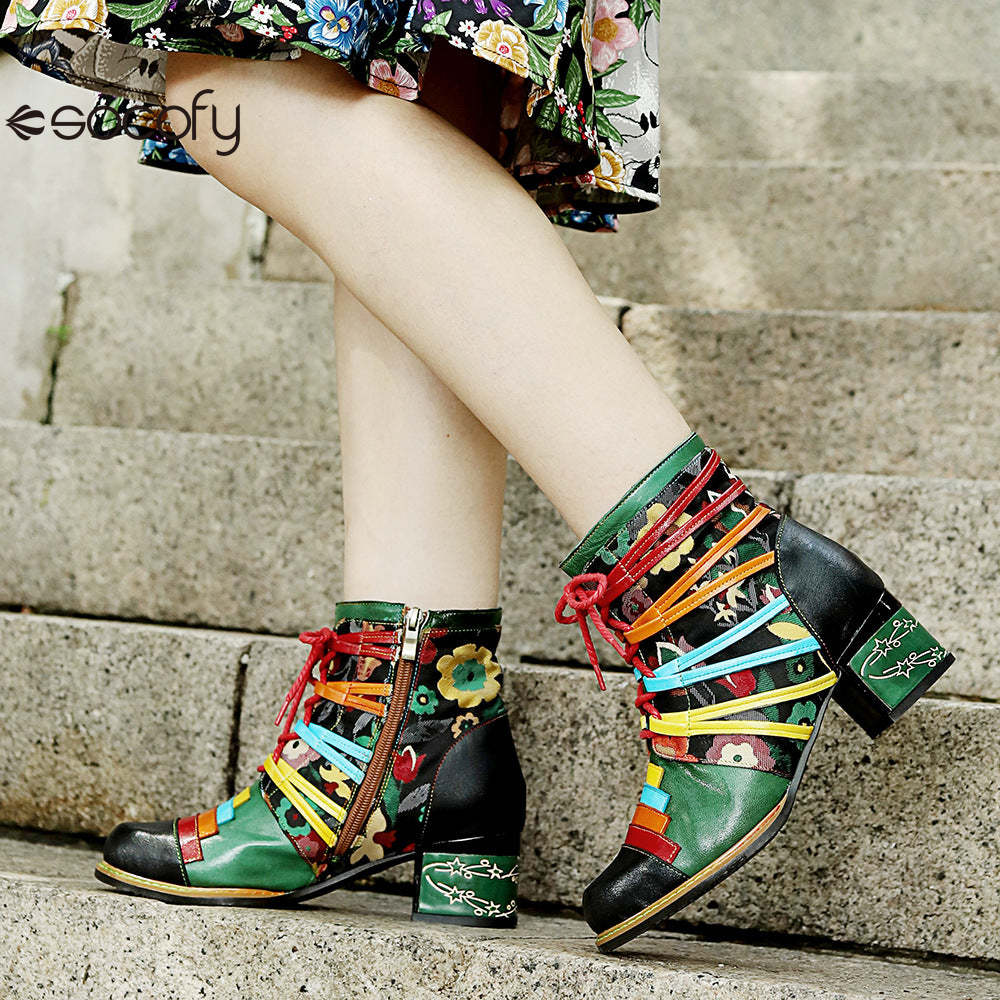 Socofy Vicconfy Handmade Genuine Leather Printed Patchwork Colorful Strappy Chunky Heel Women's Boots