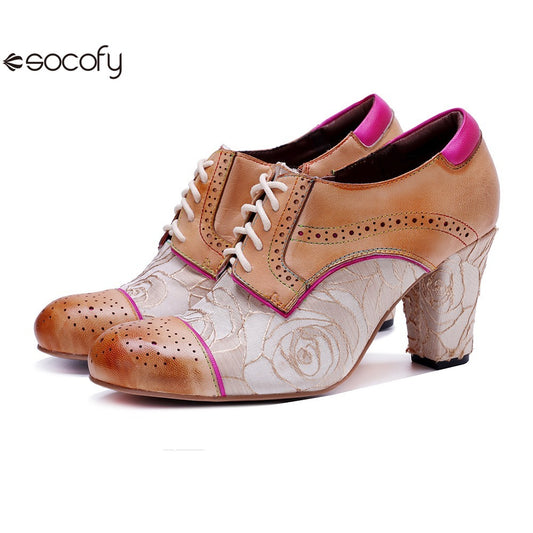 Socofy Genuine leather vintage splicing rose fashion lace-up high heels shoes 1000