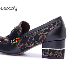 Socofy Leather Patchwork Comfortable Chunky Heeled Loafers Shoes