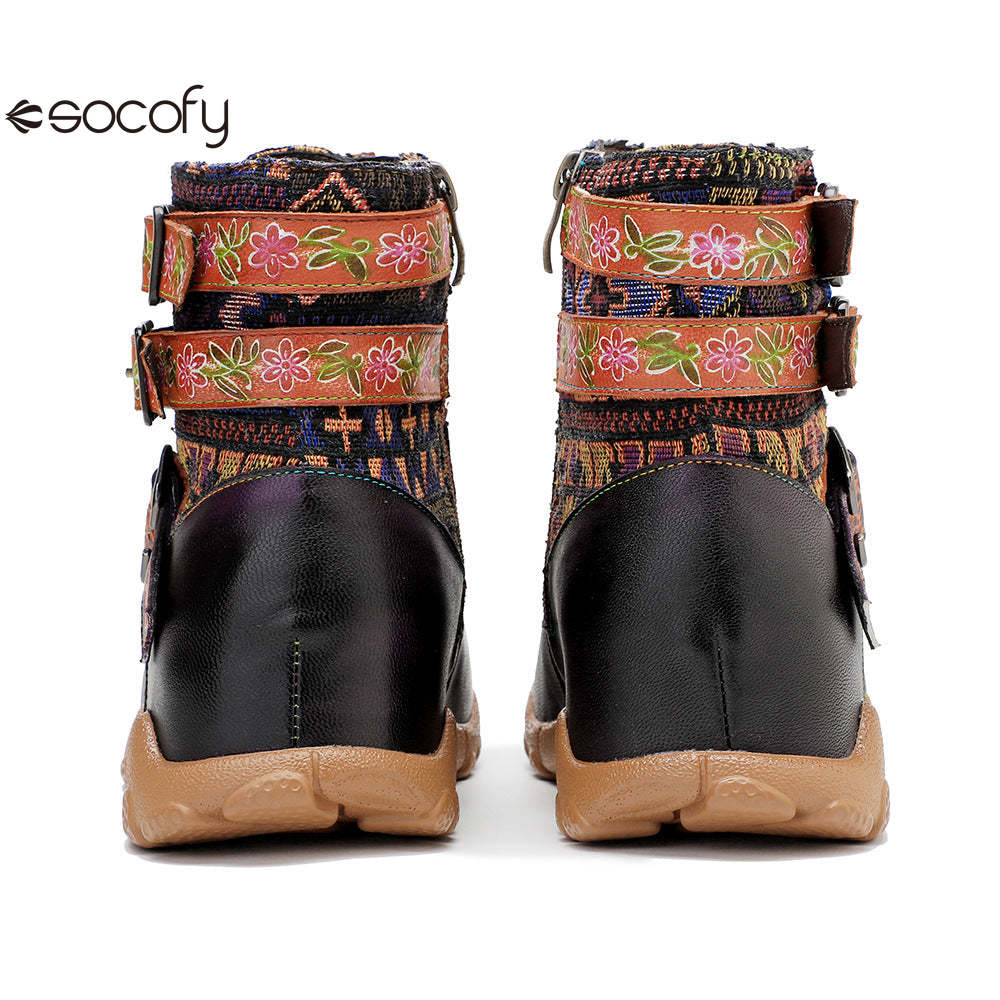 Socofy Vicconfy Leather Handmade Color Rubbed Printed Belt Buckle Flat Women's Boots