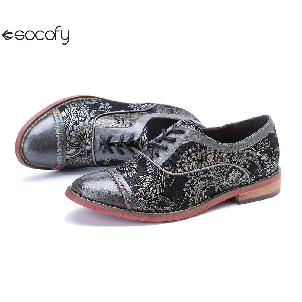 Socofy Handmade Leather Vintage Lace-Up Flats Loafers Shoes