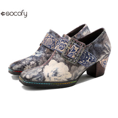 Socofy  Vicconfy Genuine Leather Vintage Style Water Print High Heeled Single Shoes