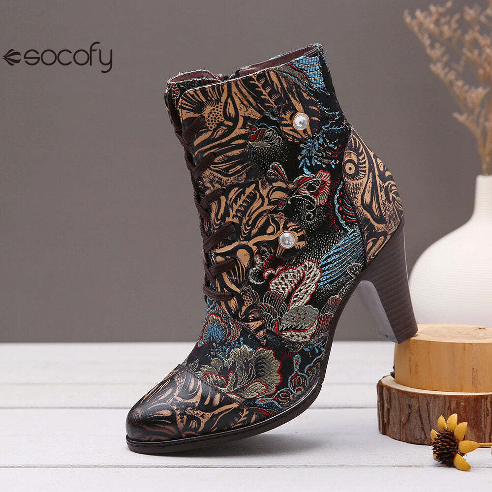 Socofy Vintage Pointed Embroidered Flowers Women's Fashion Boots