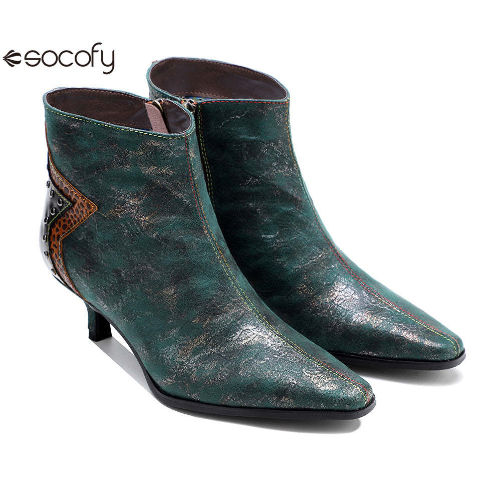 Socofy French Retro Metallic Dark Studded Studded Wrap Heel Design Slim Heel Women's Boots