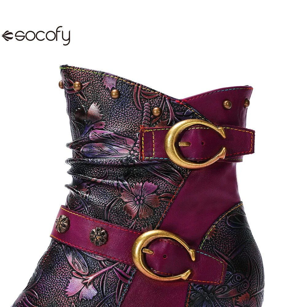 SOCOFY  Genuine Leather Retro Handmade Embossed Fashion Zip Winter Short Boots