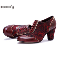 Socofy Genuine Leather Women's Leather Rivets Vintage French Court Style Elegant High Heels