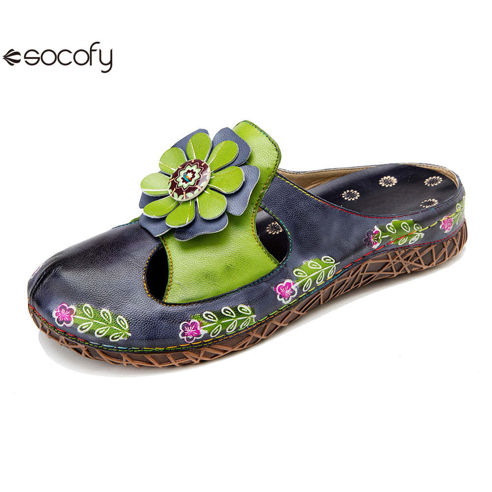 Socofy Flat Flower Daily Home Casual Back Heel Half Slippers Women