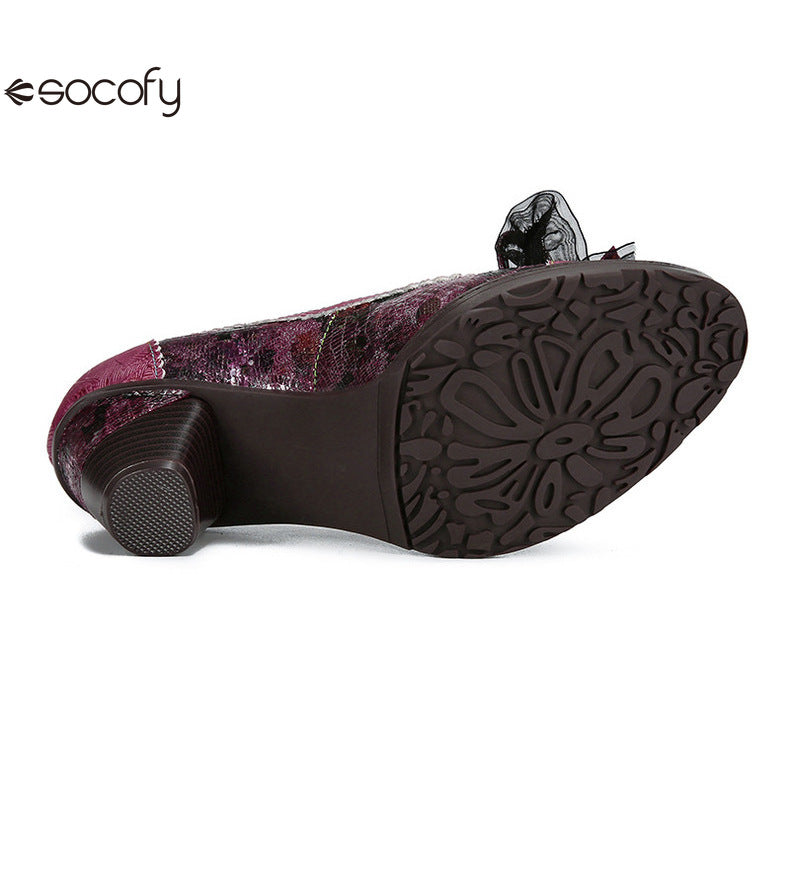 Socofy Vicconfy Genuine Leather Bow High Heels Shoes