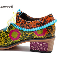 Socofy Genuine Leather Lace-up Oxford Vintage Women Retro Bohemian Flats Shoes