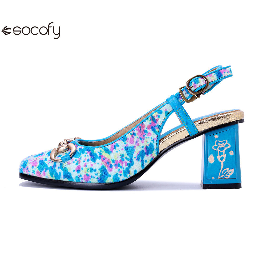 Socofy Handmade Leather Crushed Flower Chunky High Heeled Sandals