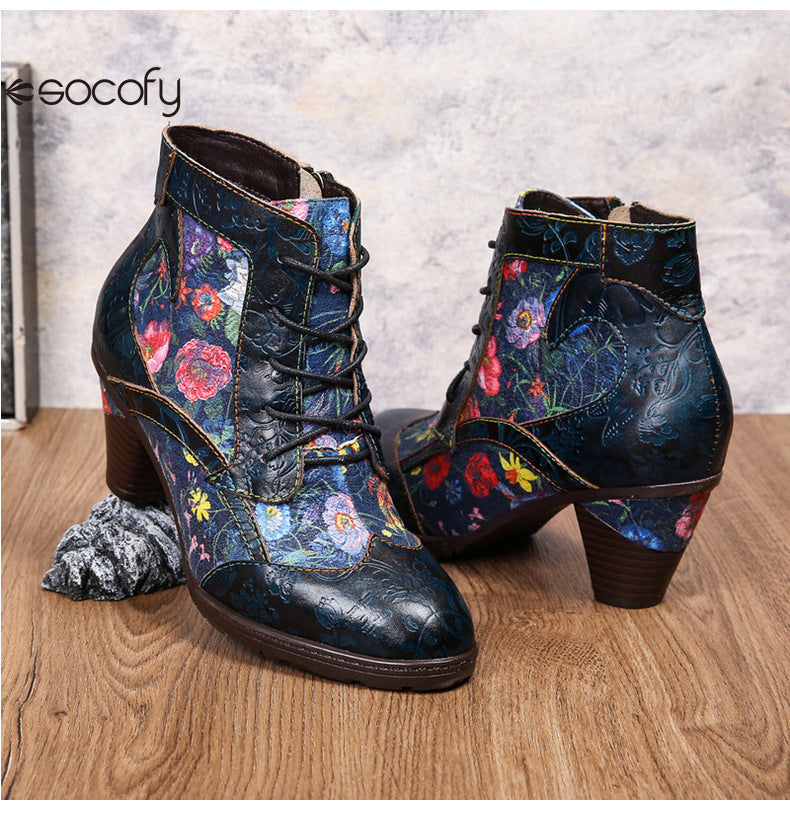 Socofy Vicconfy Vintage Floral Cowhide Ethnic Women's Leather Boots