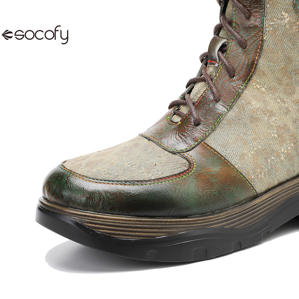 Socofy Vicconfy Genuine Leather Vintage Lace-Up Comfort Boots