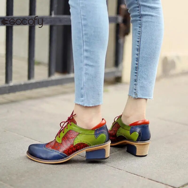 Socofy New Spring Genuine Leather Round Toe Lace-up Mixed Colors Ethnic Casual Sewing Pumps