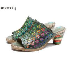 Socofy summer leather rubbed retro colourful hollow out high heel sandals