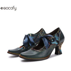 Socofy Summer flower blue ethnic style high-heeled ribbon lace-up women's shoes