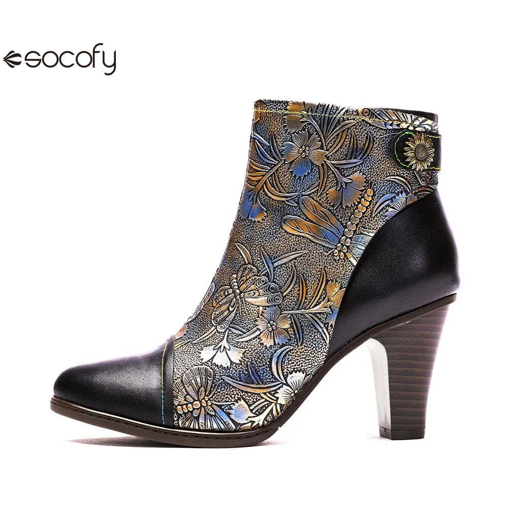 SOCOFY Genuine Leather Retro Handmade Exquisite Embossed Fashion Zip Winter Boots