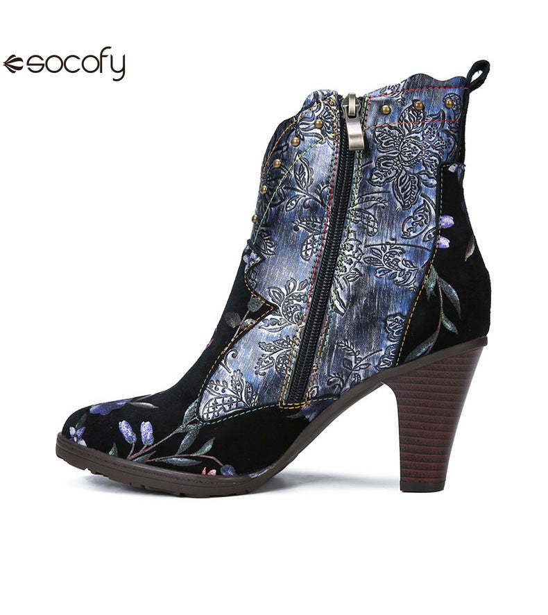 Socofy Vicconfy Vintage Genuine Leather Boots Floral Women's Boots