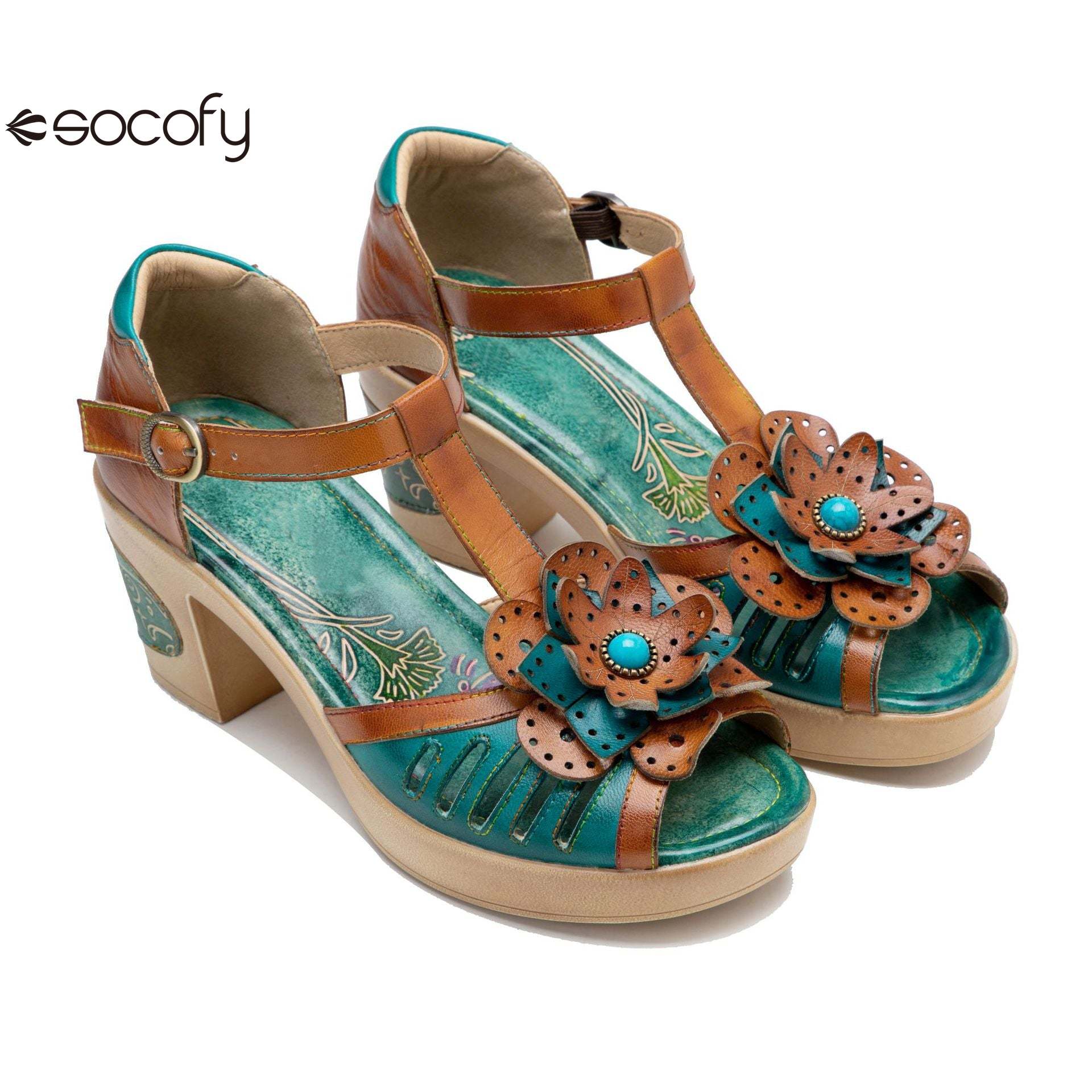 Socofy spring and summer leather retro casual three-dimensional flowers buckle strap women's sandals