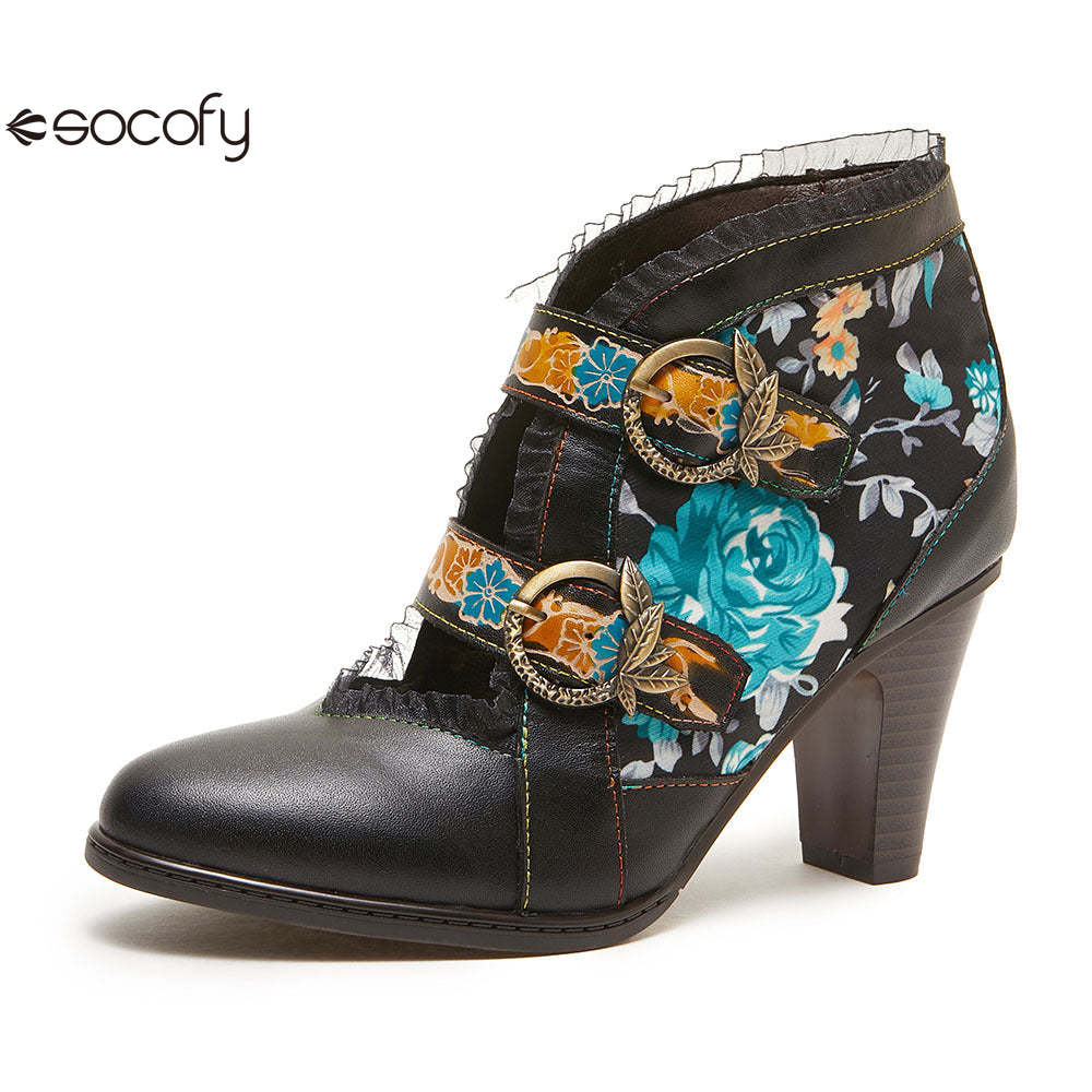 Socofy fashionable ethnic style stiletto heel round toe genuine leather boots for women