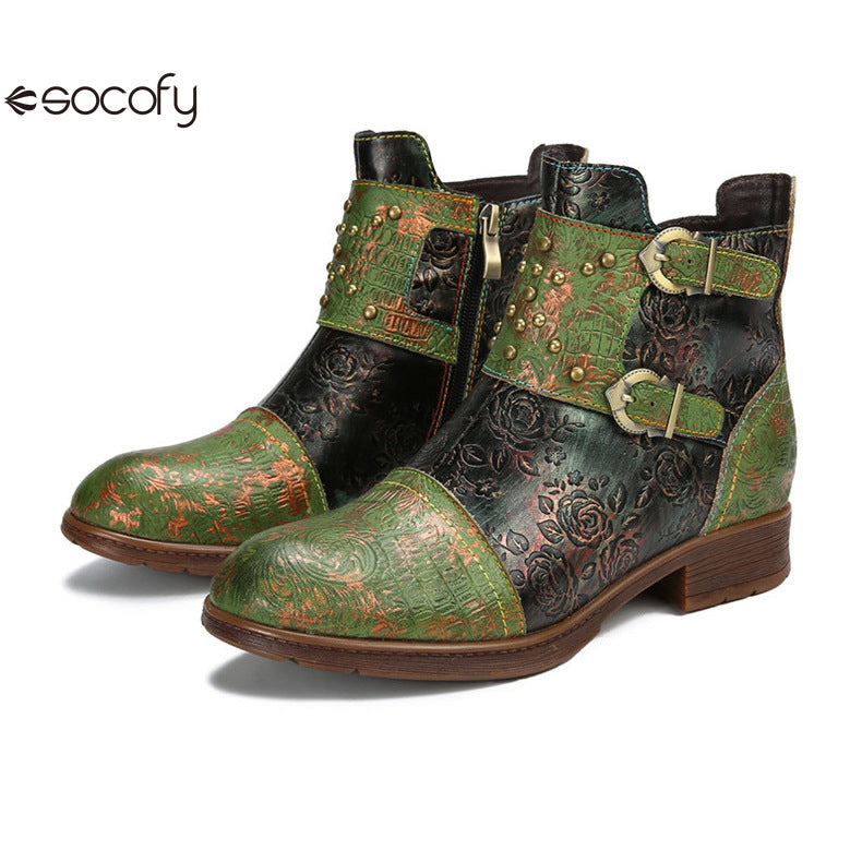 Socofy Vicconfy Genuine Leather Ethnic Vintage Rivet Belt Buckle Boots