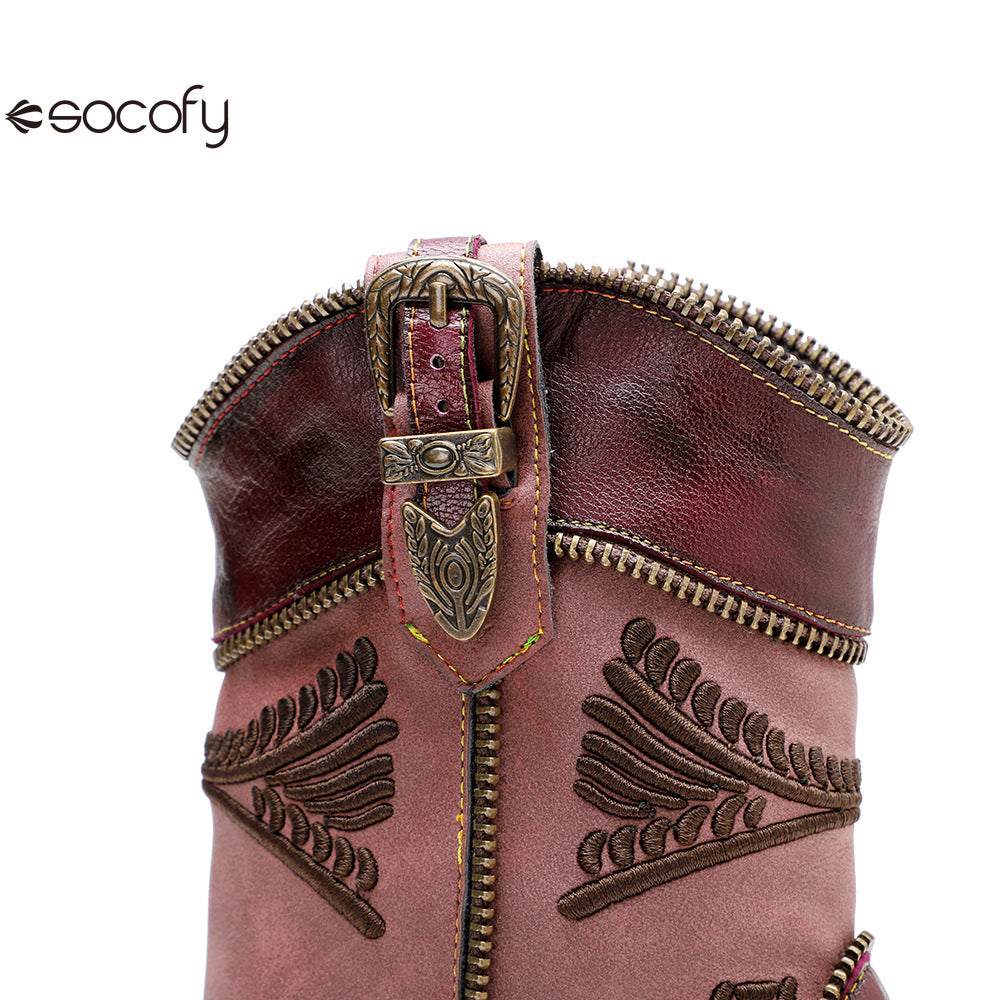 Socofy Vicconfy Leather Electric Embroidered Zipper Ankle Boots