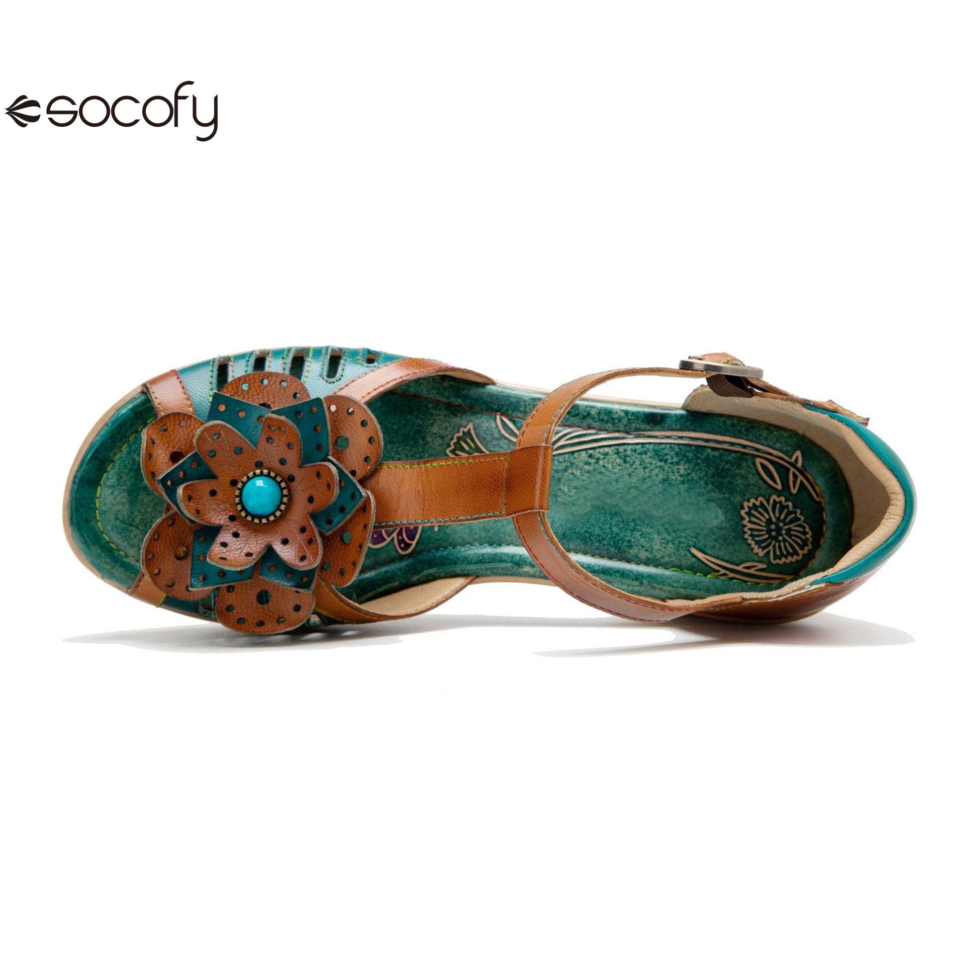 Socofy spring and summer leather retro casual three-dimensional flowers buckle strap women's sandals