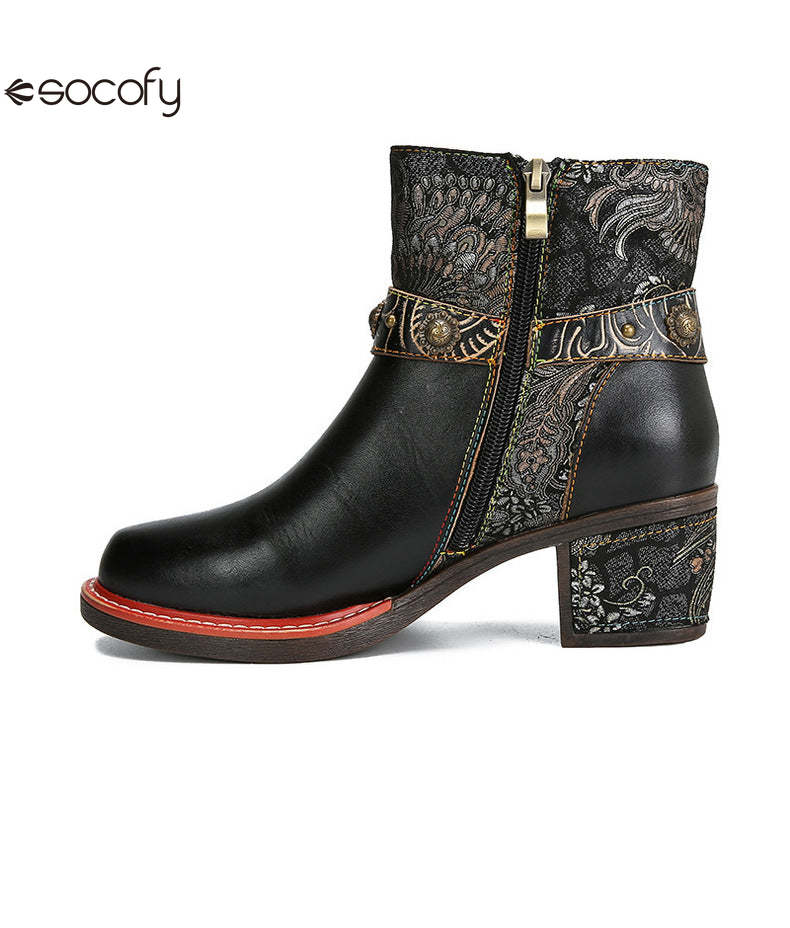 Socofy Vicconfy Ethnic Women's Leather Boots Side Zipper Fashion Boots