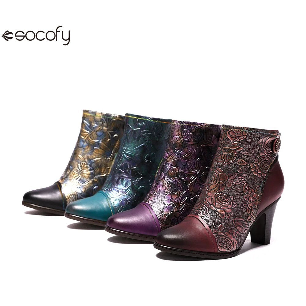 SOCOFY Genuine Leather Retro Handmade Exquisite Embossed Fashion Zip Winter Boots