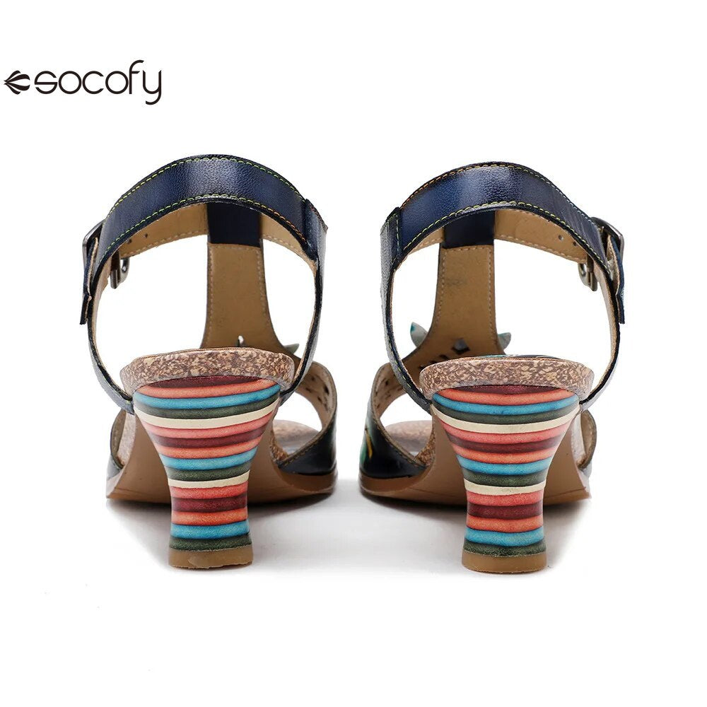 Socofy Genuine Leather Hand-painted Retro Contrast Comfortable High Heeled Sandals