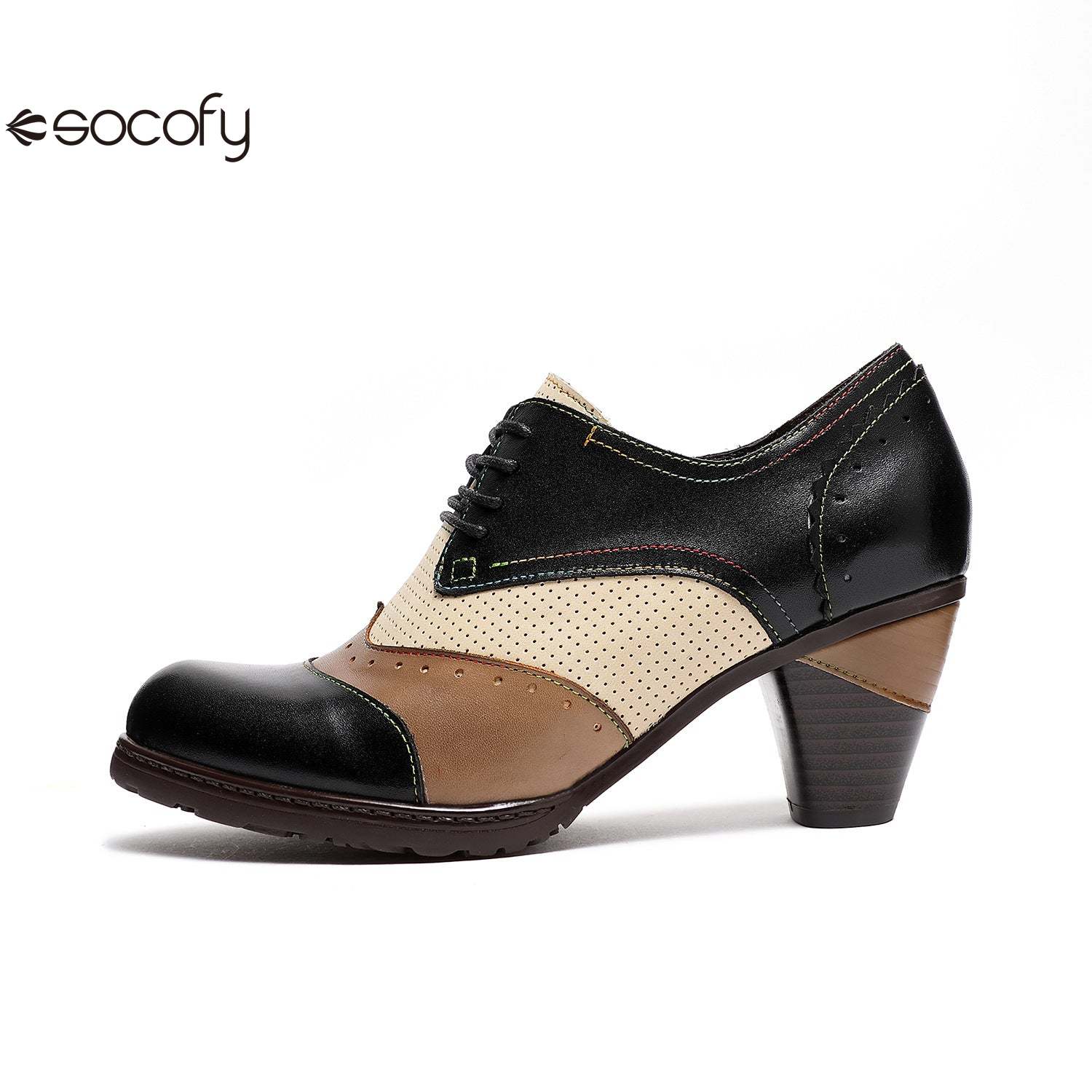 Socofy Thick-heeled retro ethnic style low-top round-toe women pumps