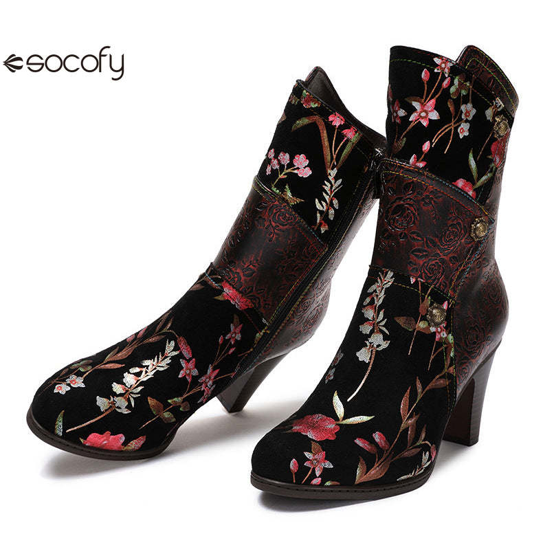 Socofy Vicconfy Court Leather Vintage Handmade High Heel Women's Boots