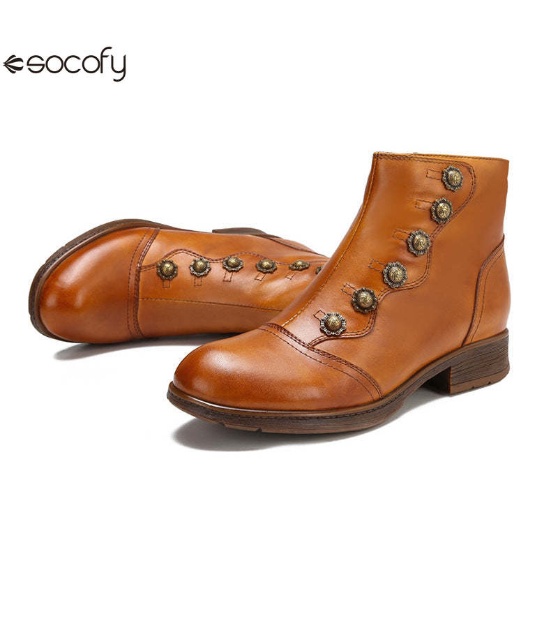 Socofy Vicconfy Women's Rivet Leather Boots Vintage Women's Shoes