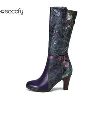 Socofy Vicconfy Genuine Leather Printed Belt Buckle Ethnic Long Boots