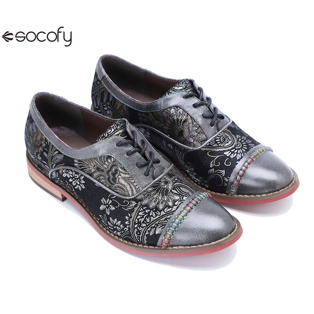 Socofy Handmade Leather Vintage Lace-Up Flats Loafers Shoes