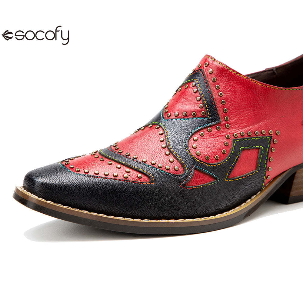 Socofy Genuine Leather Retro Round Rivet Deco Shallow Flat Shoes