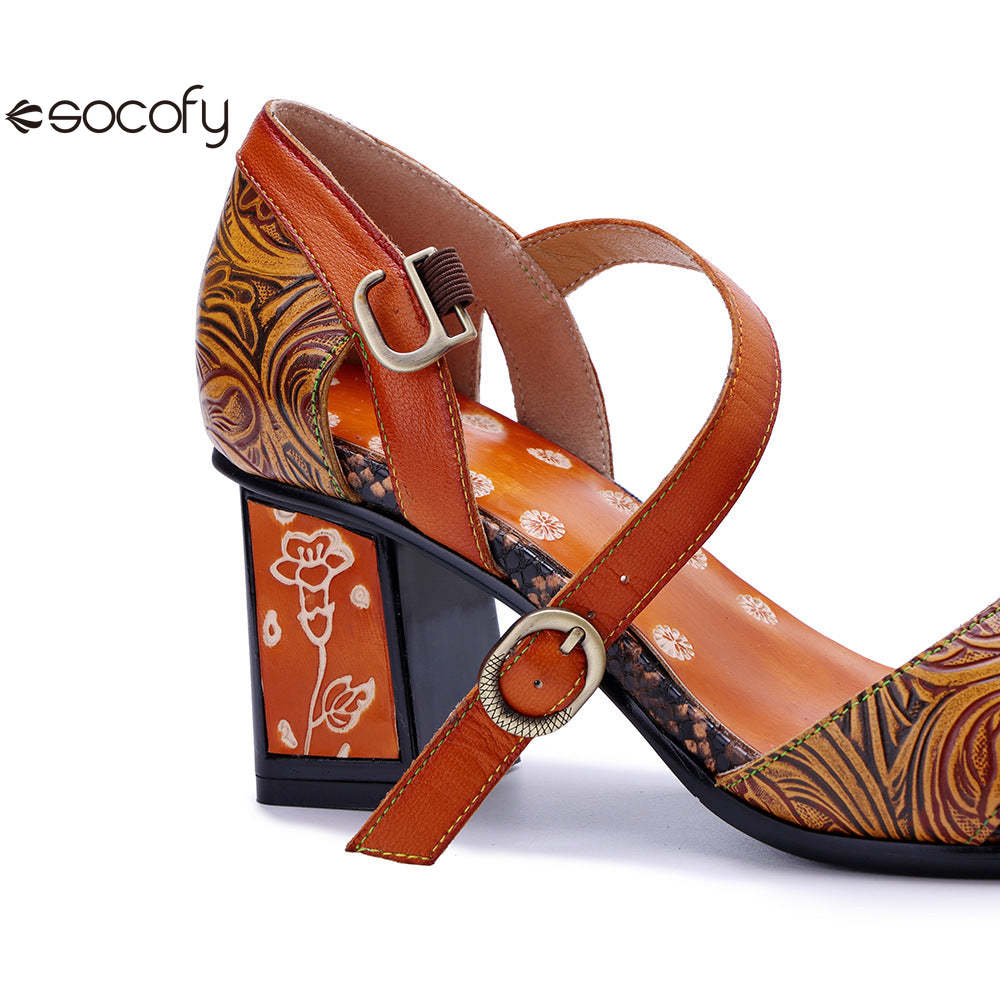 Socofy Vicconfy Handmade Leather Vintage Printed Dimensional Heeled Sandals