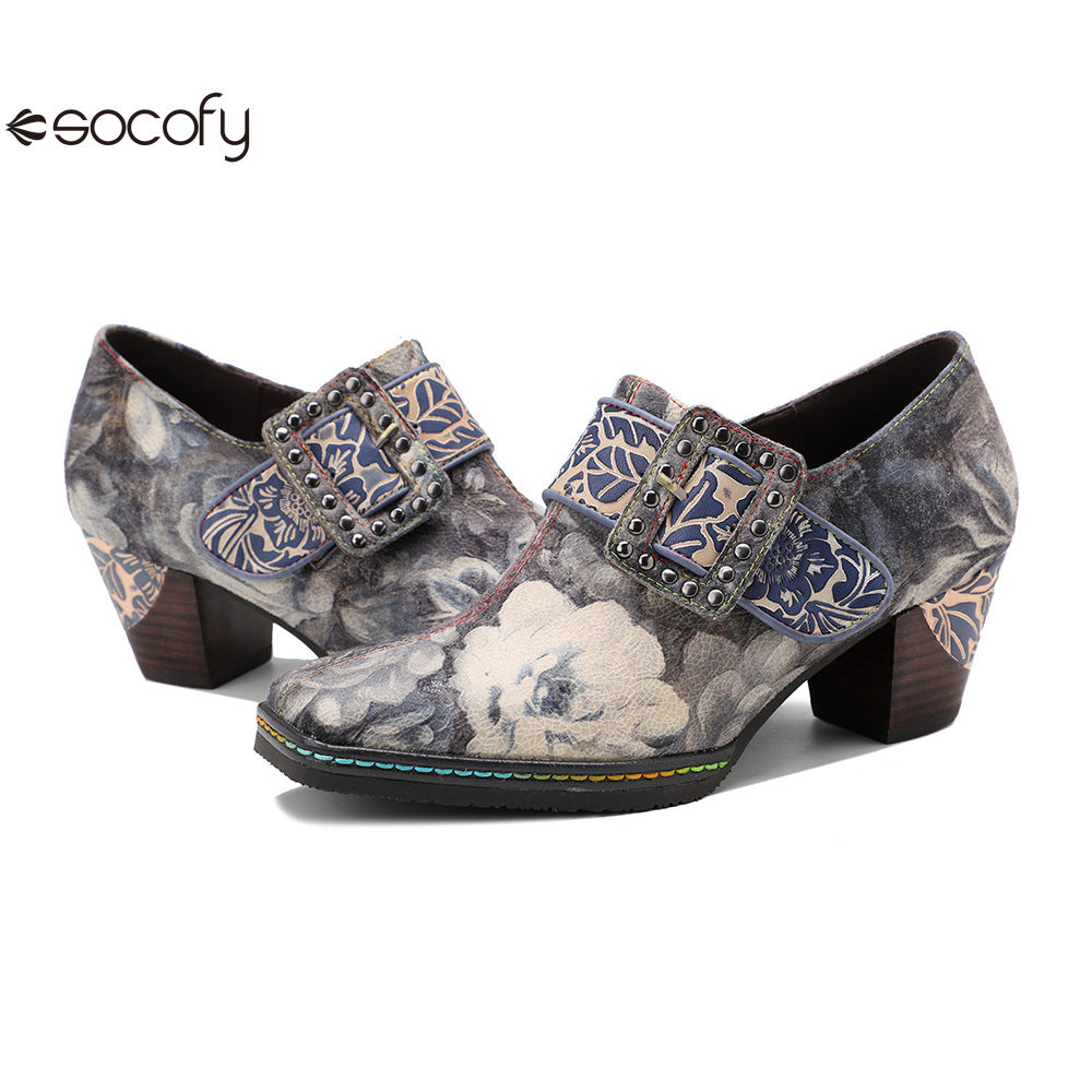 Socofy  Vicconfy Genuine Leather Vintage Style Water Print High Heeled Single Shoes