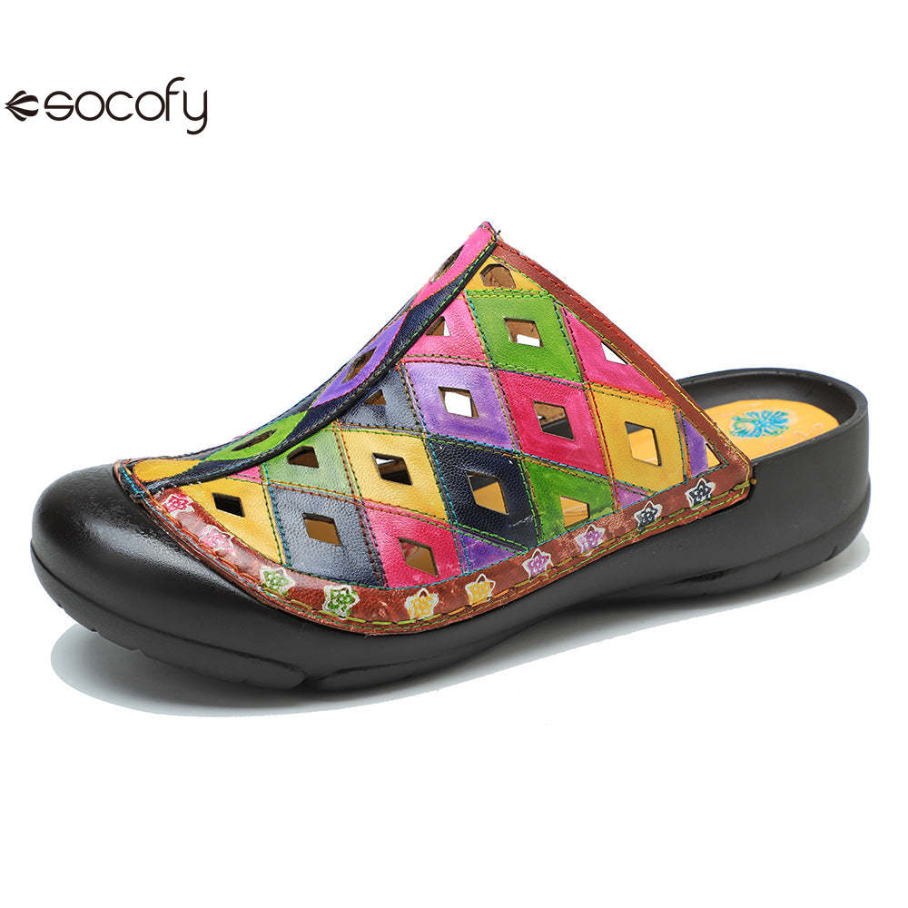 Socofy Genuine leather hand-rubbed casual retro colorful hollow comfortable flat slippers