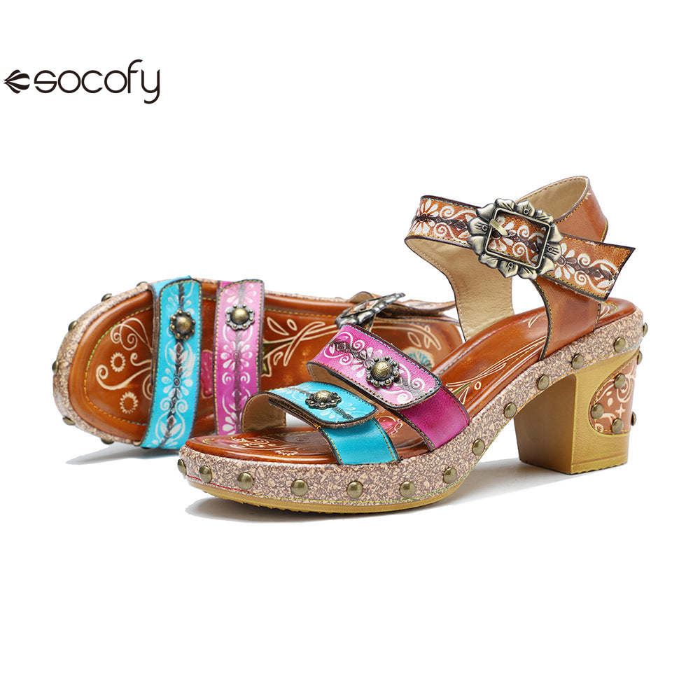 Socofy Summer Leather Retro Rivet Clash Colour High Heeled Sandals