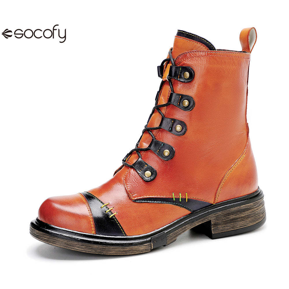 Socofy Vicconfy Leather Handmade Color Clash Retro Fashion Martin Boots Women's Boots