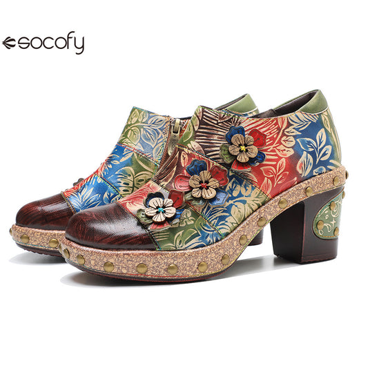 Socofy Genuine Leather Vintage Floral Dimensional Flower Comfortable Pumps 1000