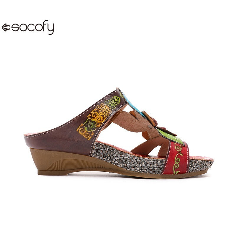 Socofy genuine genuine leather bohemian floral vintage sandals