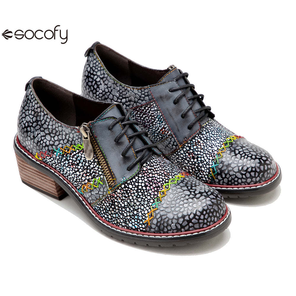 Socofy spring leather zipper Deco Chunky Heels women's shoes