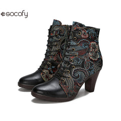 Socofy Vicconfy Cowhide Non-Slip Vintage Embroidered Heel Ankle Boots