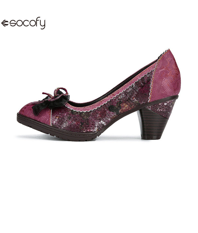 Socofy Vicconfy Genuine Leather Bow High Heels Shoes