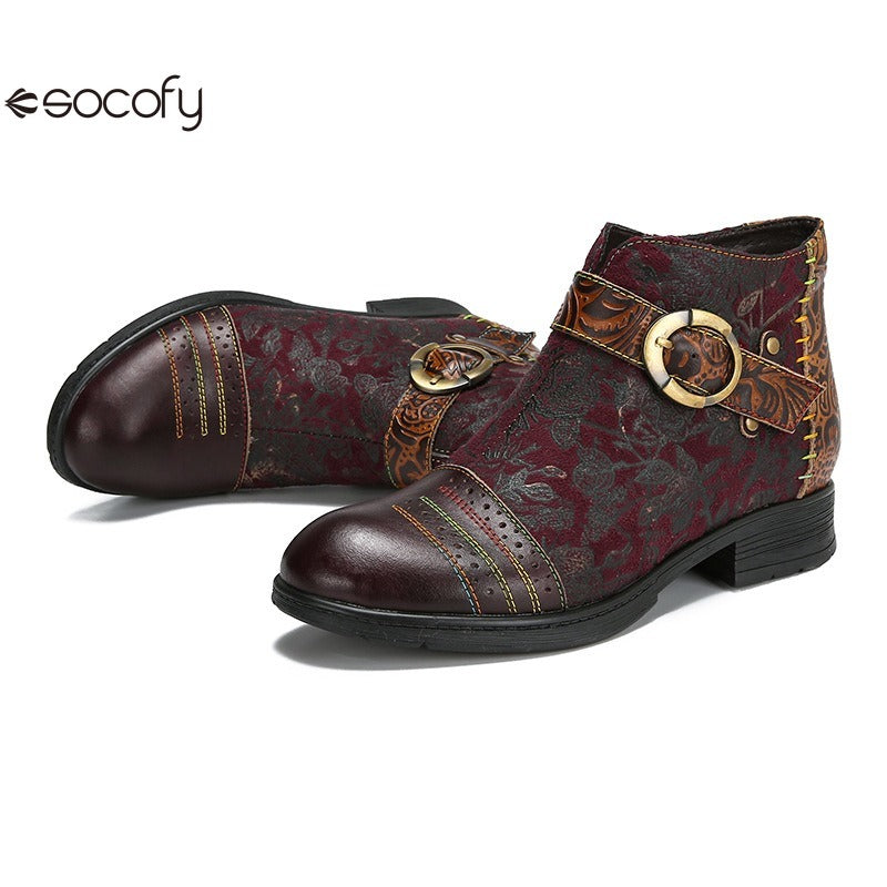 SOCOFY Genuine Leather Ethnic Style Round Toe Belt Buckle Handmade Embossing Short Boots